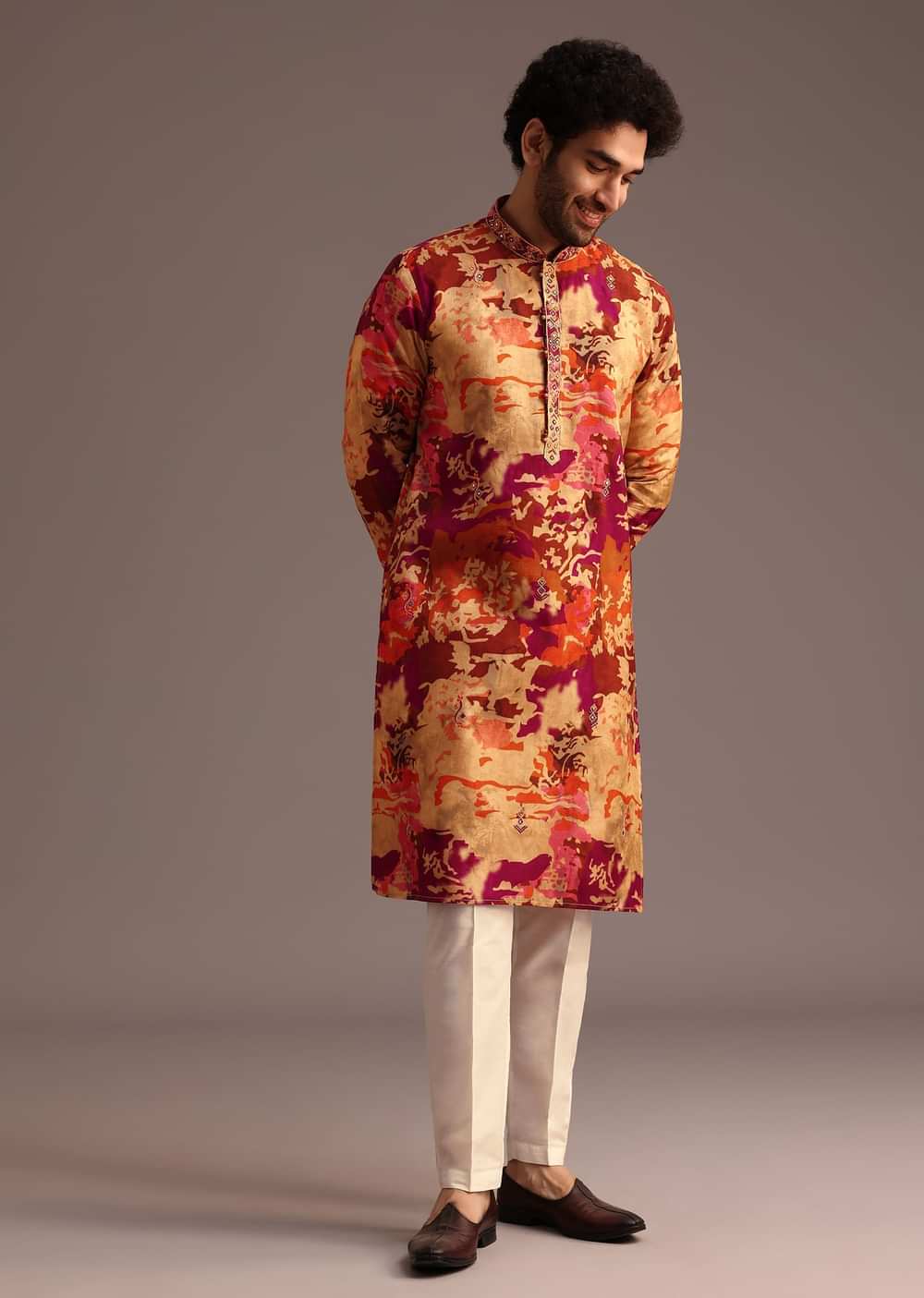 Multi Colour Abstract Printed Kurta Pant Set With Mandarin Collar