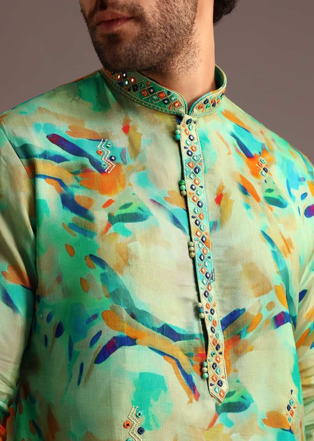 Multi Colour Silk Kurta And Pant With Abstract Print