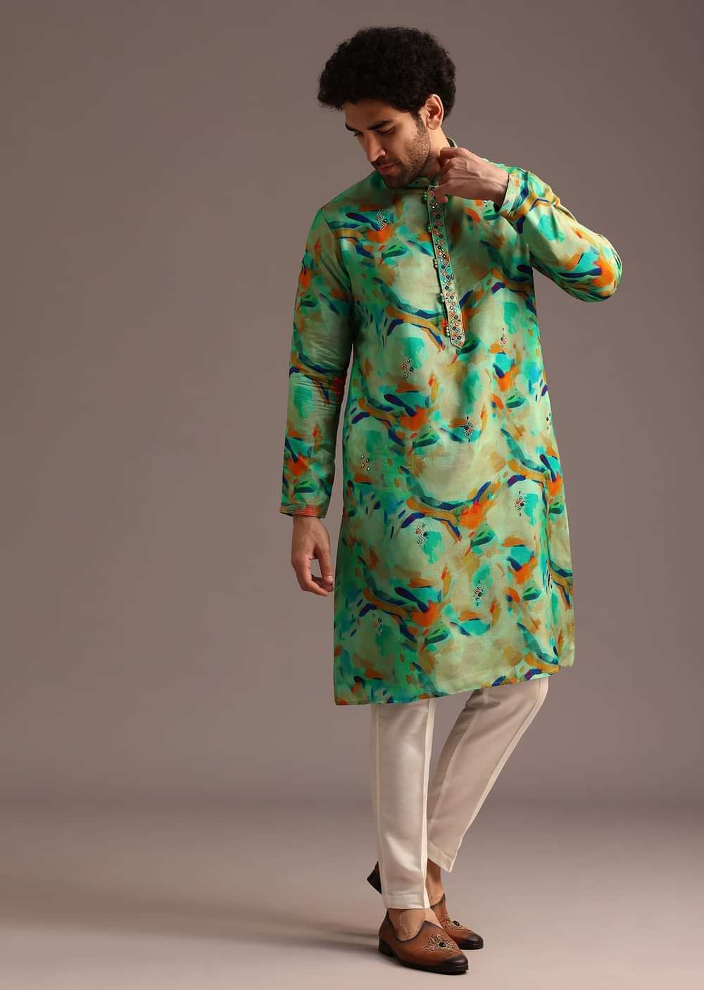 Multi Colour Silk Kurta And Pant With Abstract Print