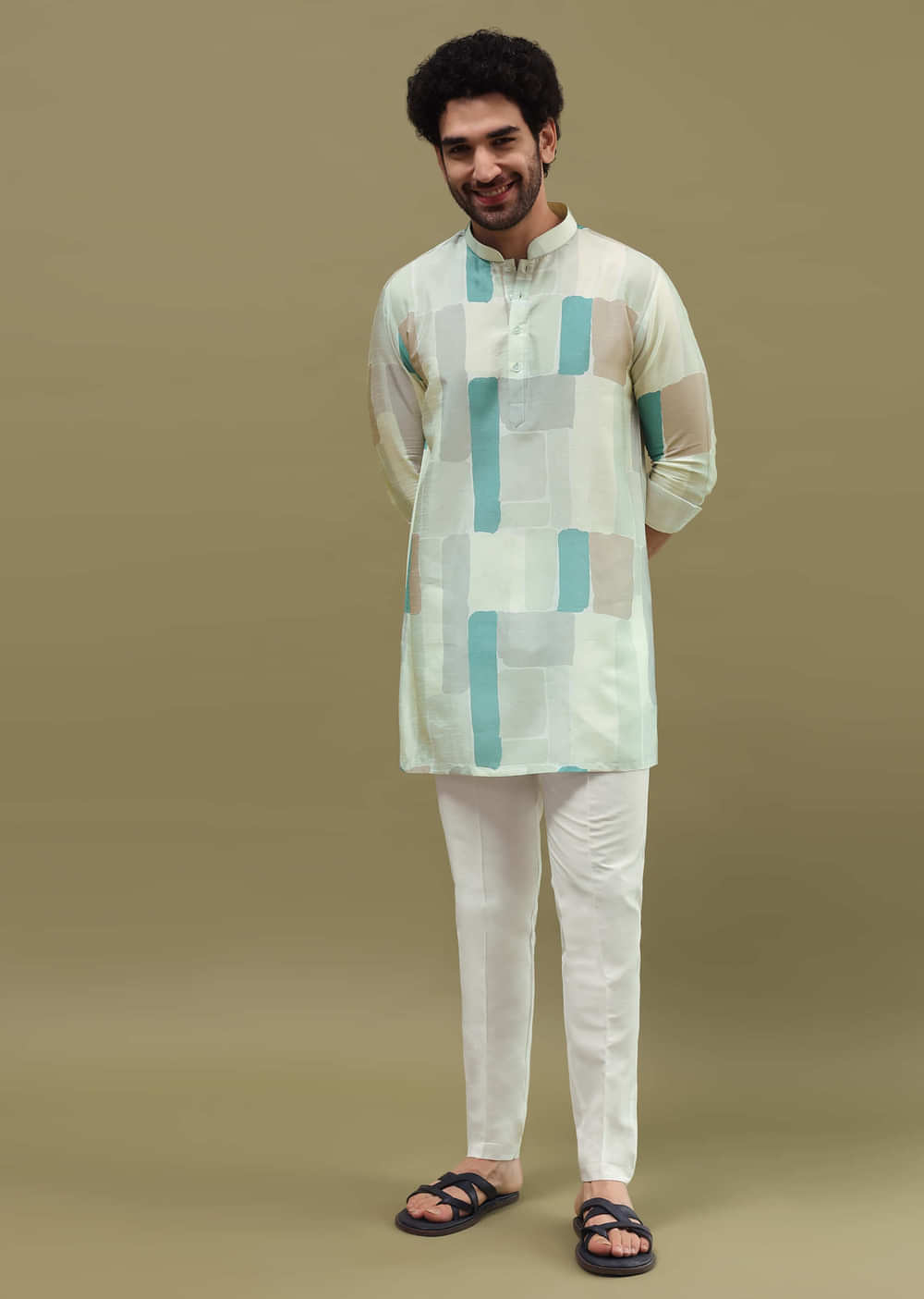 Multi Colour Silk Printed Kurta Set For Men