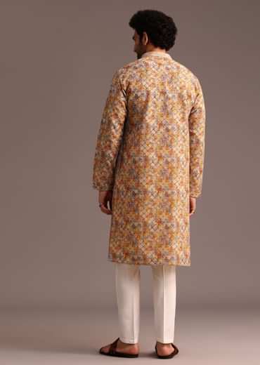 Multi Coloured Silk Kurta And Pant In Schiffli Work
