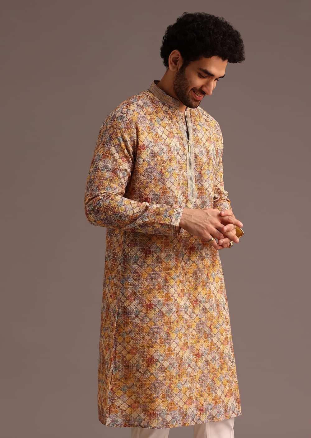 Multi Coloured Silk Kurta And Pant In Schiffli Work
