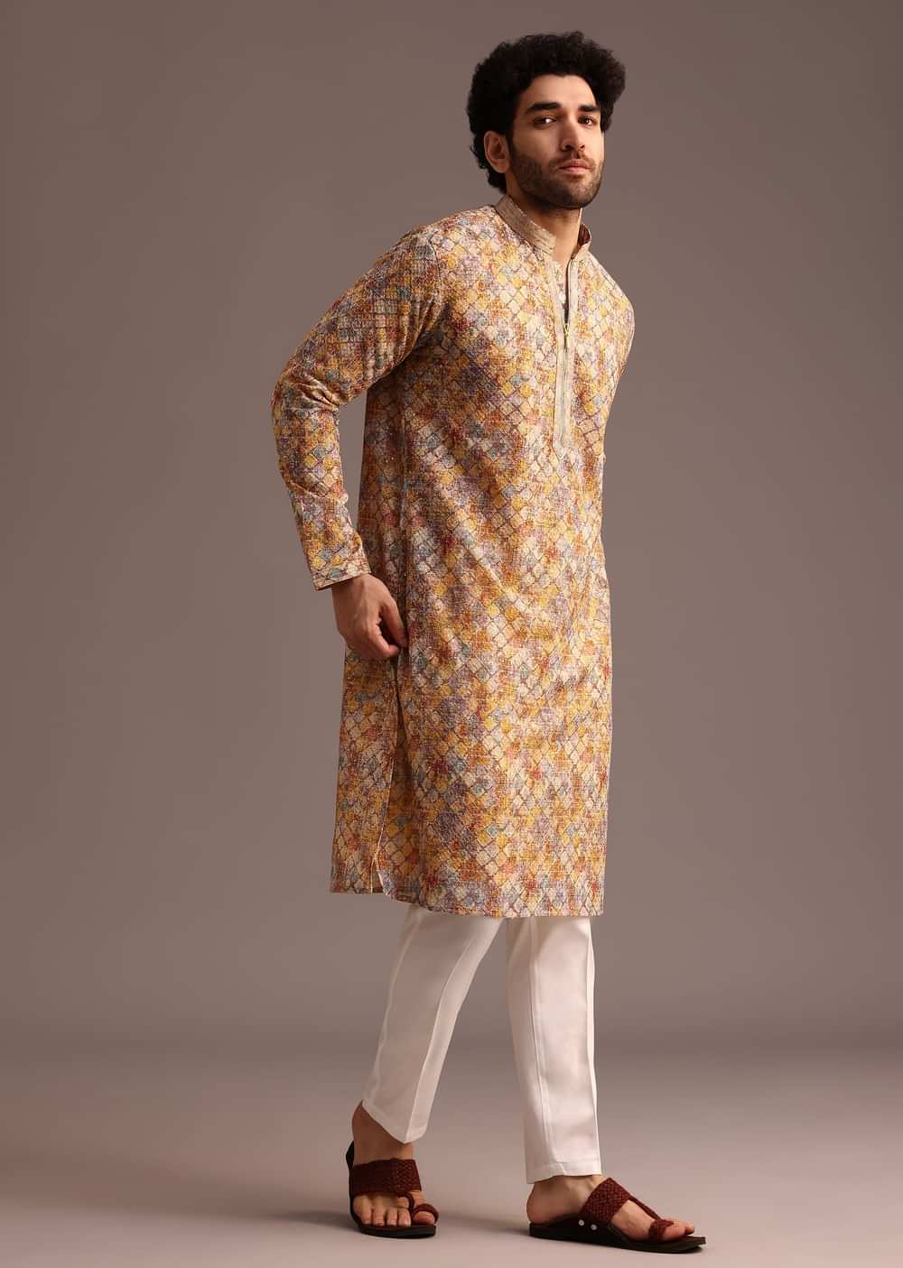 Multi Coloured Silk Kurta And Pant In Schiffli Work
