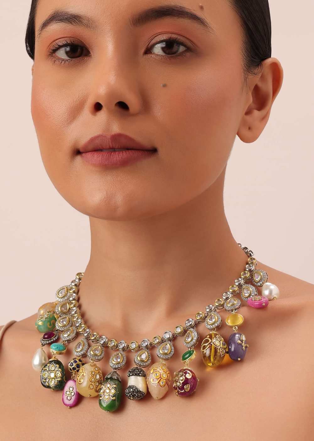 Multi Oxidized Necklace With Carved Bead Danglers