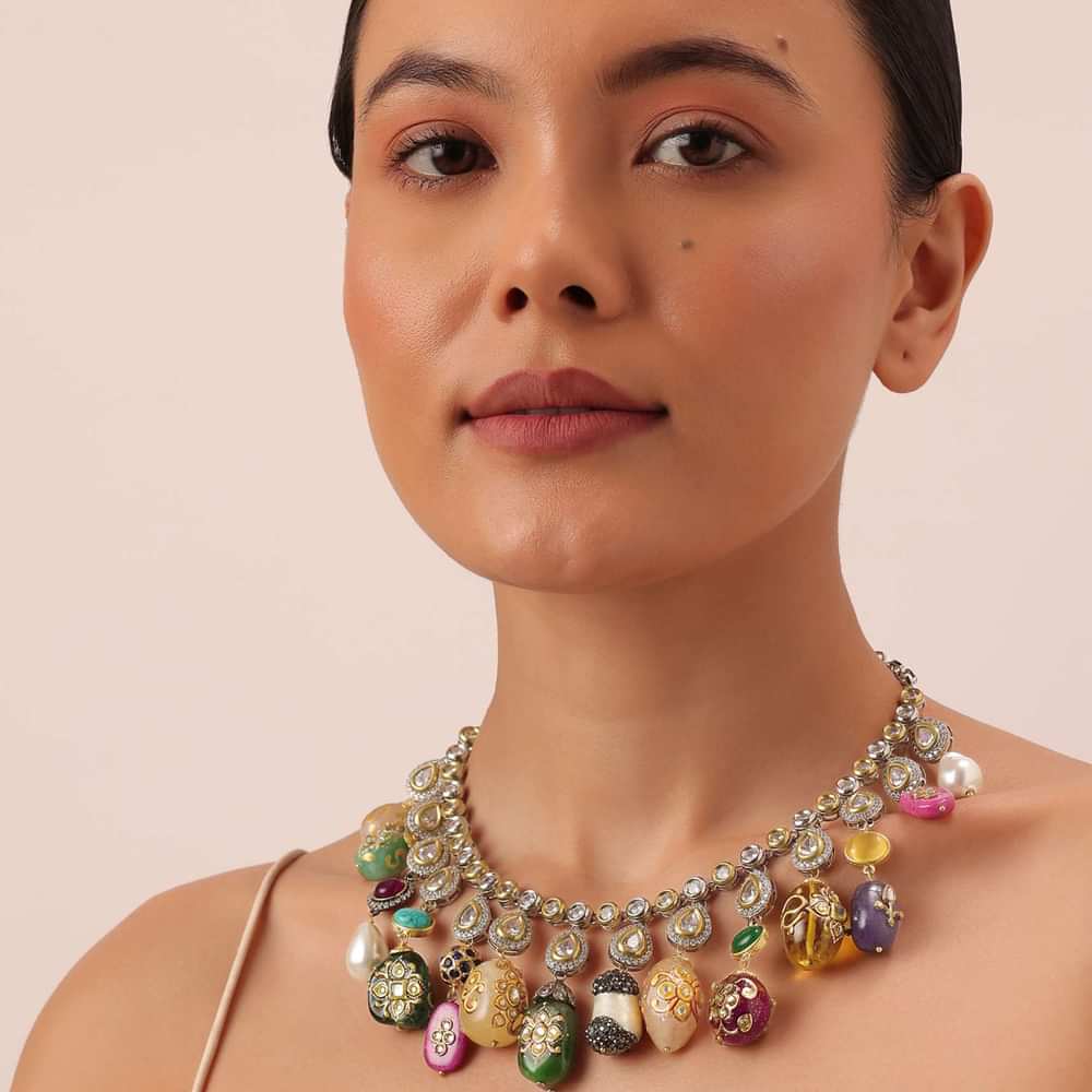 Multi Oxidized Necklace With Carved Bead Danglers