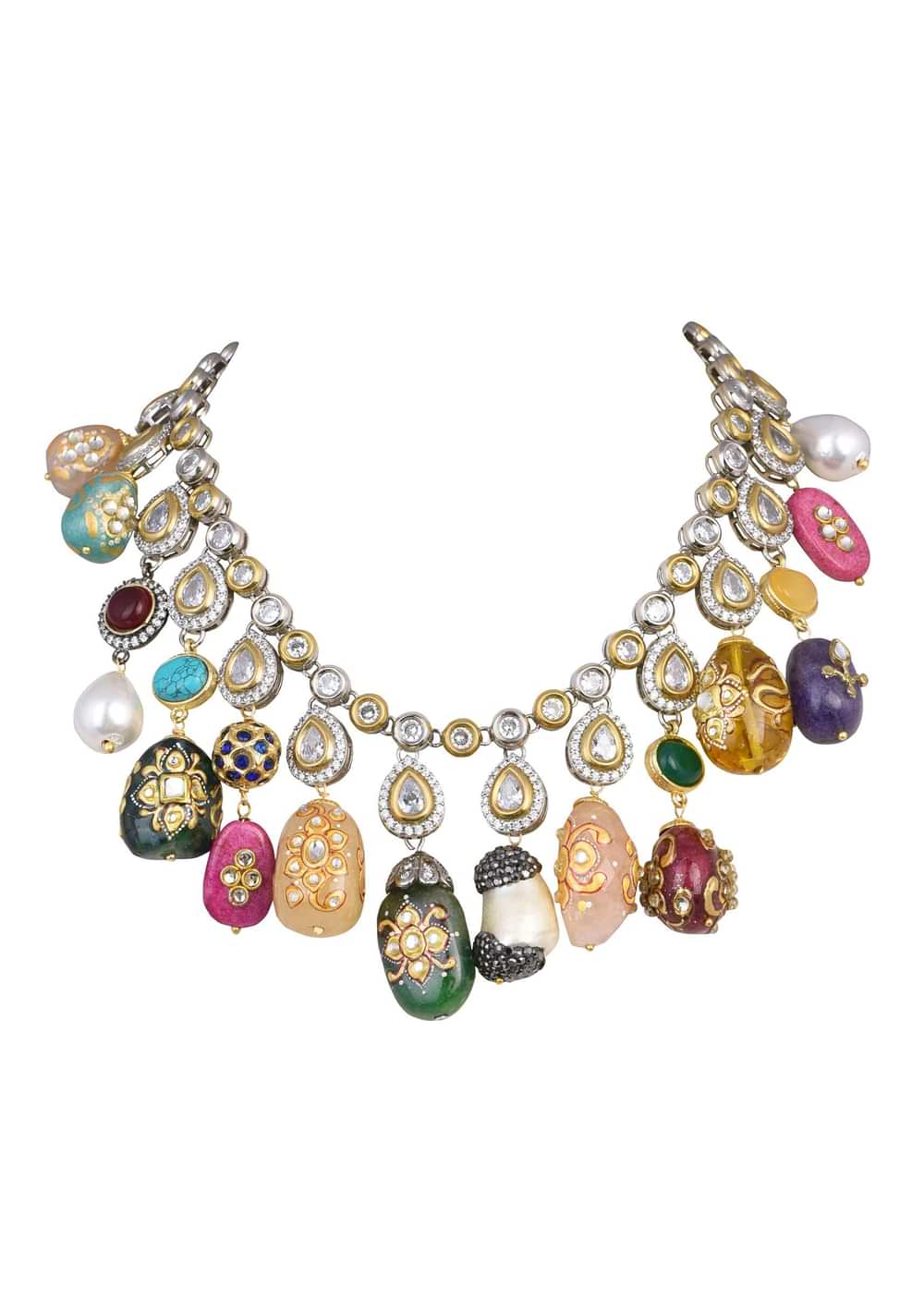 Multi Oxidized Necklace With Carved Bead Danglers