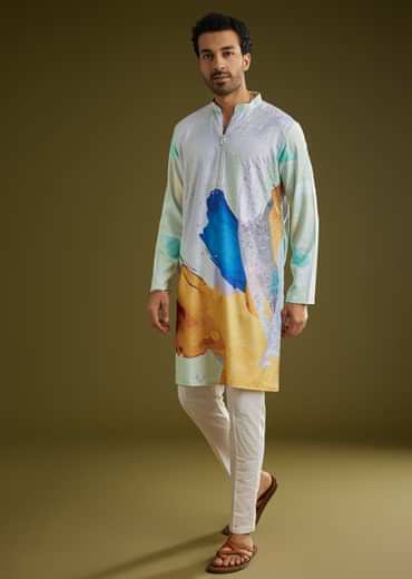 Multicolor Linen Abstract Printed Zipper Kurta Set