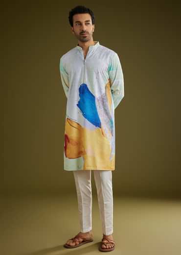 Multicolor Linen Abstract Printed Zipper Kurta Set