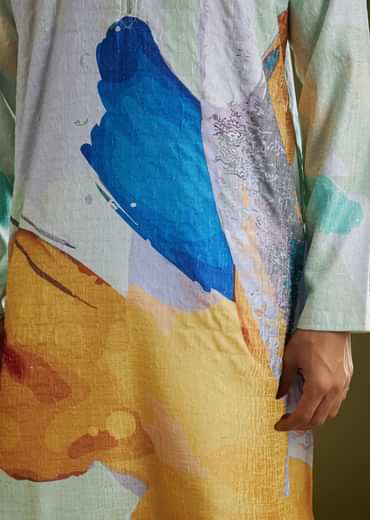 Multicolor Linen Abstract Printed Zipper Kurta Set