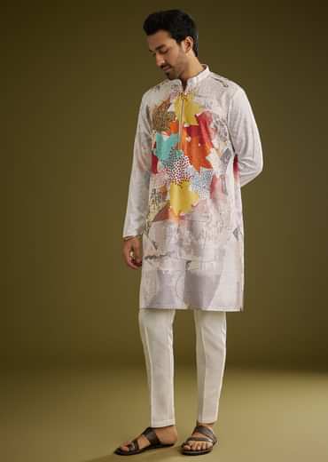 Multicolor Linen Zipper Kurta Set With Abstract Leaf Prints