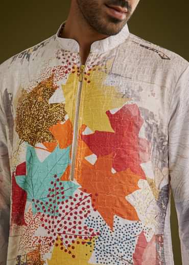 Multicolor Linen Zipper Kurta Set With Abstract Leaf Prints