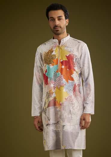 Multicolor Linen Zipper Kurta Set With Abstract Leaf Prints