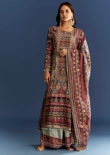 Multicolor Tabby Silk Printed Kurta Dupatta Suit With Patch Stone Zari Work