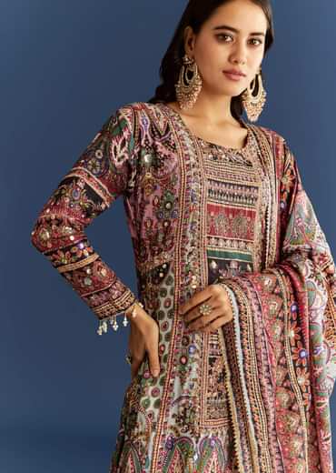 Multicolor Tabby Silk Printed Kurta Dupatta Suit With Patch Stone Zari Work