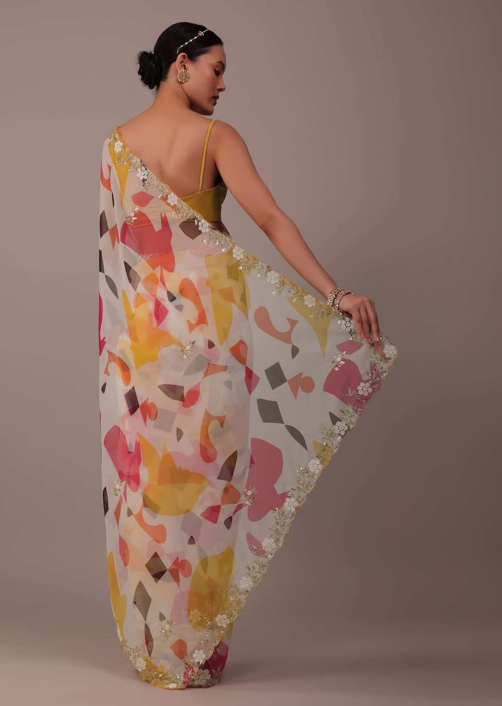 Multicolor Abstract Printed Saree In Organza With Cut Dana Butti All Over