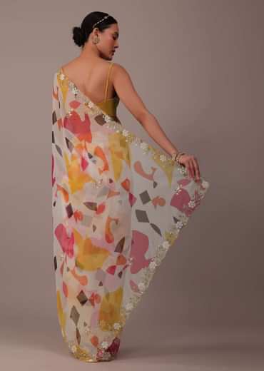 Multicolor Abstract Printed Saree In Organza With Cut Dana Butti All Over