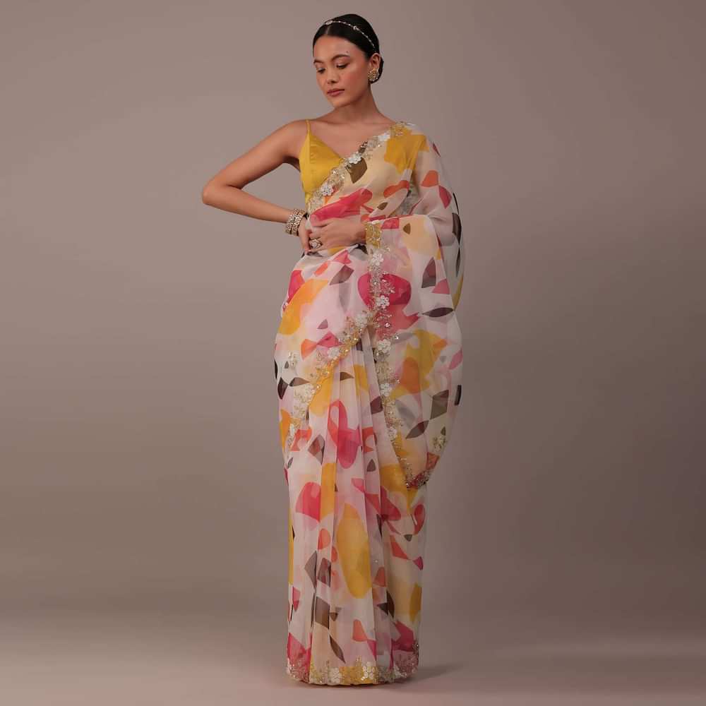 Multicolor Abstract Printed Saree In Organza With Cut Dana Butti All Over