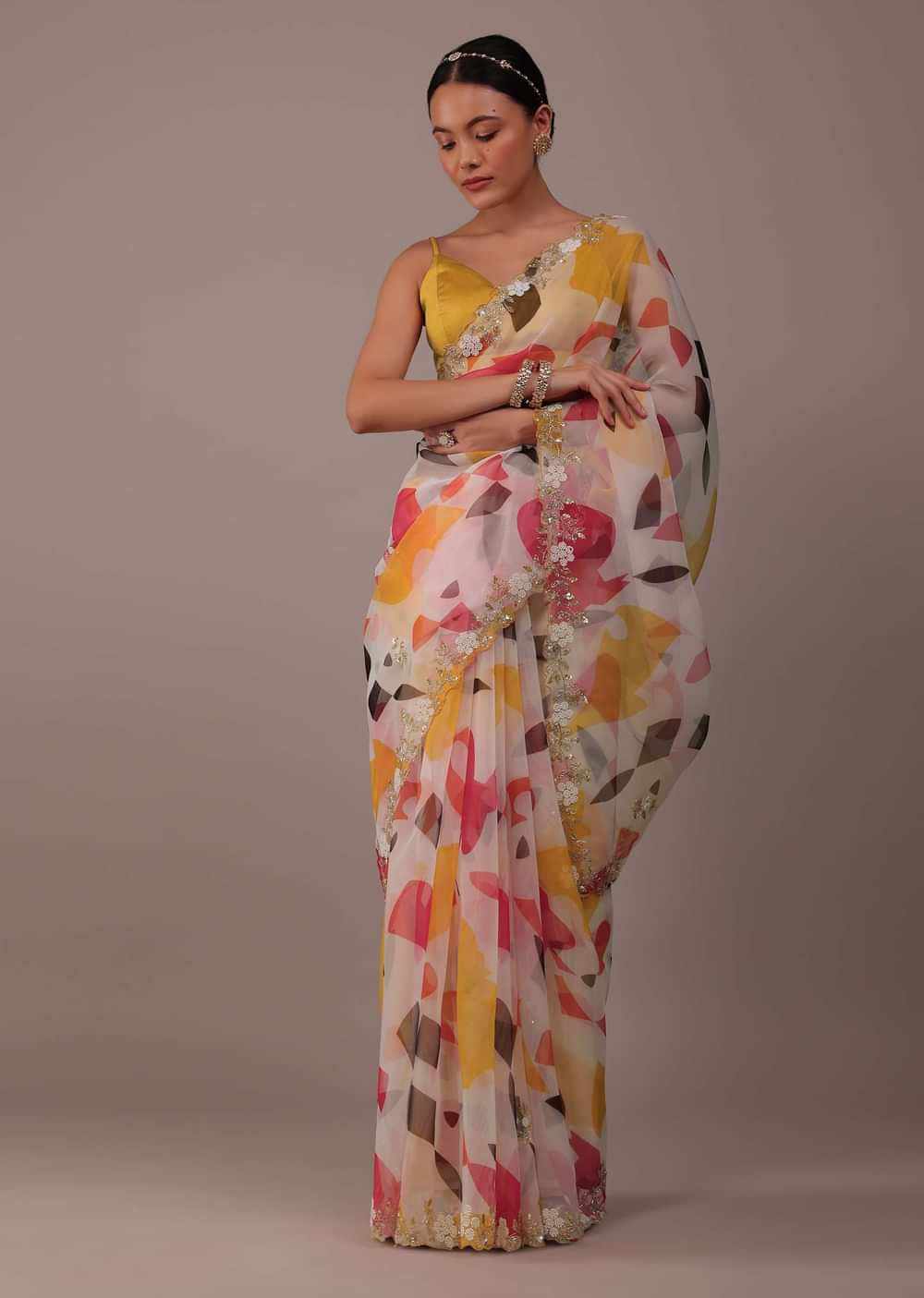 Multicolor Abstract Printed Saree In Organza With Cut Dana Butti All Over