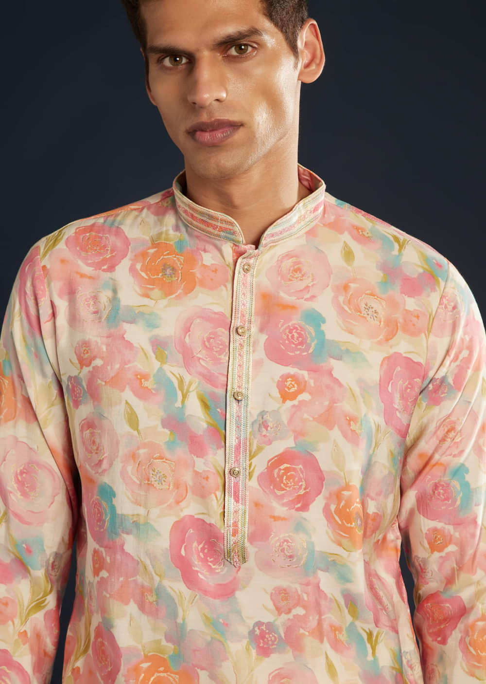 Multicolor Floral Print Silk Kurta and Pant Set