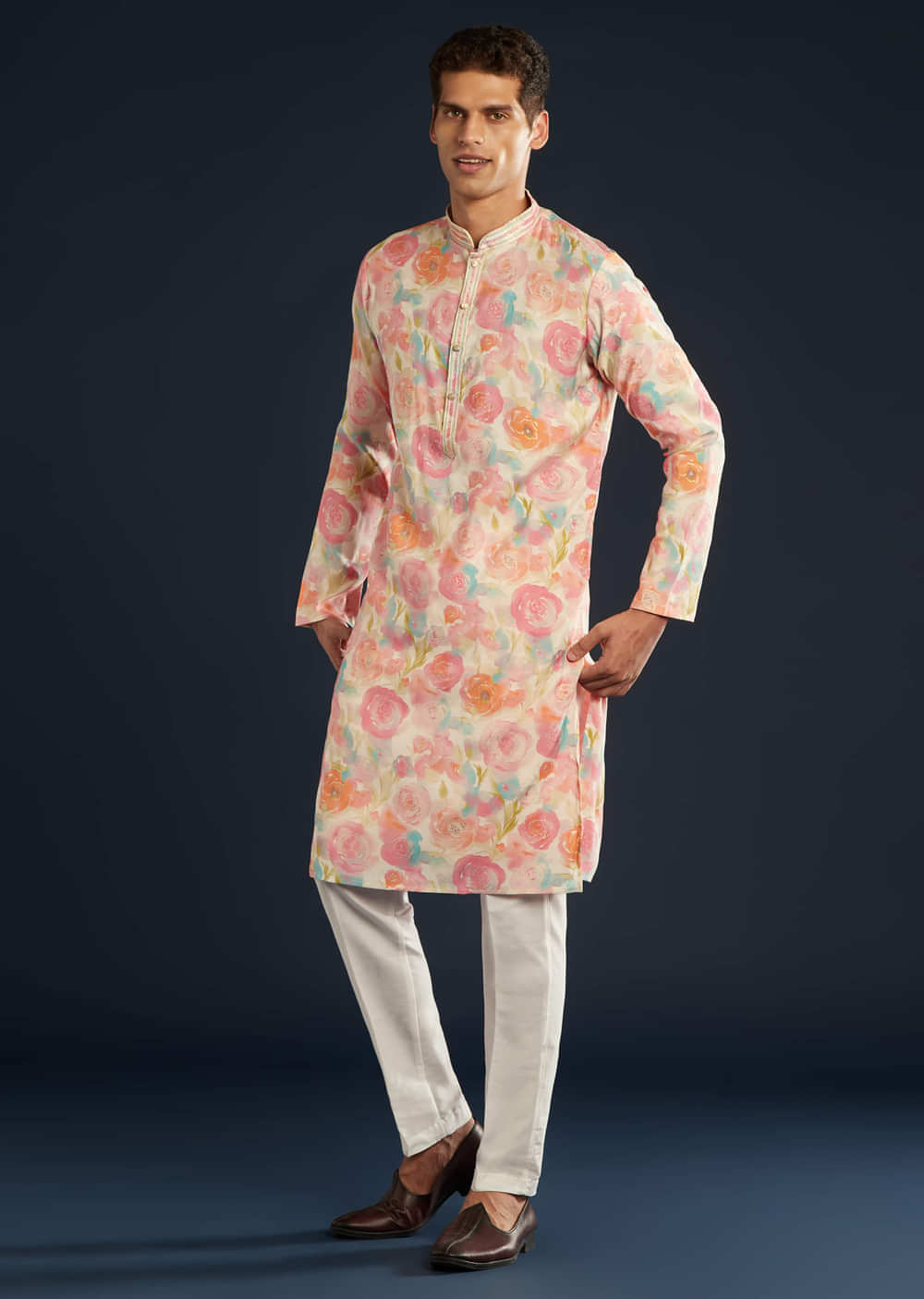 Multicolor Floral Print Silk Kurta and Pant Set