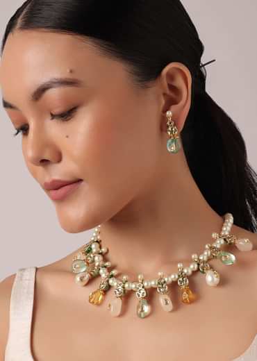 Multicolor Kundan Necklace Set With Stone Drops