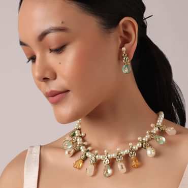 Multicolor Kundan Necklace Set With Stone Drops