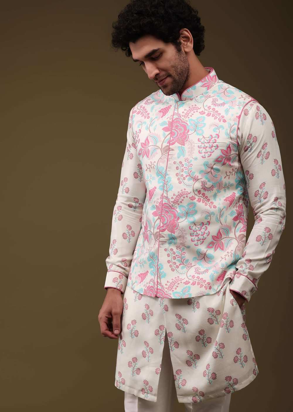 Multicolor Modern Floral Printed Jacket Kurta Set In Silk