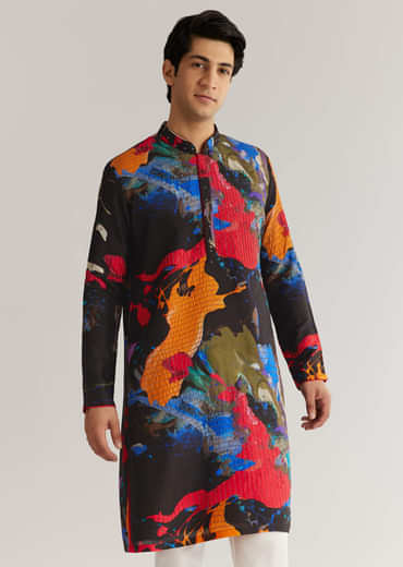 Multicolour Black Rawsilk Abstract Printed Kurta Set