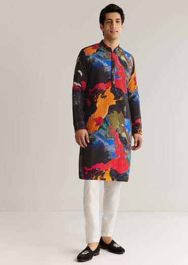 Multicolour Black Rawsilk Abstract Printed Kurta Set