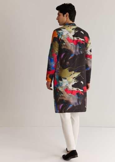 Multicolour Black Rawsilk Abstract Printed Kurta Set