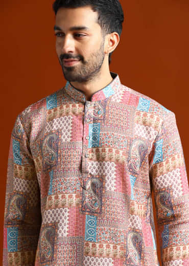 Multicolour Kurta Set For Men With Kantha Work