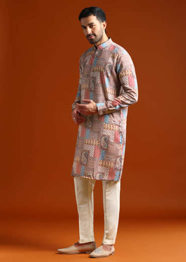 Multicolour Kurta Set For Men With Kantha Work