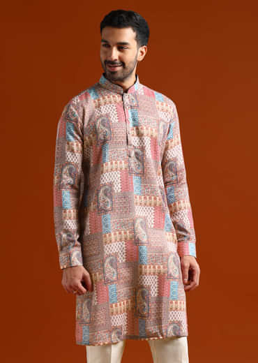 Multicolour Kurta Set For Men With Kantha Work