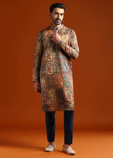Multicolour Kurta Set For Men With Printed Ethnic Motifs