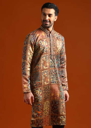 Multicolour Kurta Set For Men With Printed Ethnic Motifs