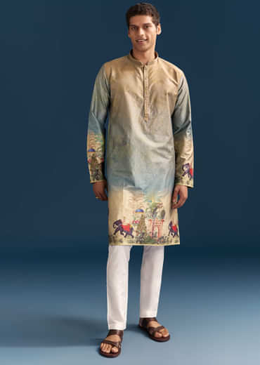 Multicolour Ombre Silk Printed Kurta Set For Men