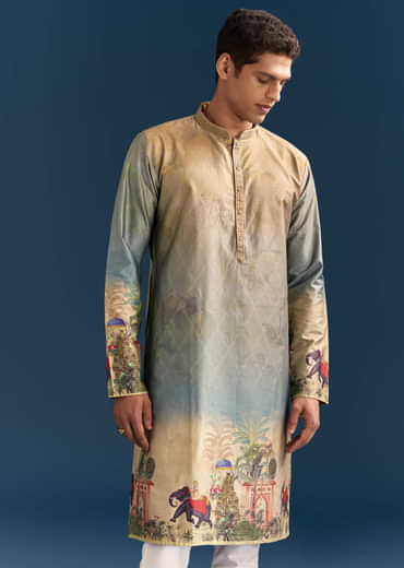 Multicolour Ombre Silk Printed Kurta Set For Men
