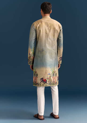 Multicolour Ombre Silk Printed Kurta Set For Men