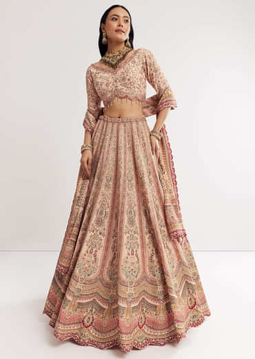 Multicolour Printed Stone Cutdana Embroidered Lehenga With Crepe Dupatta