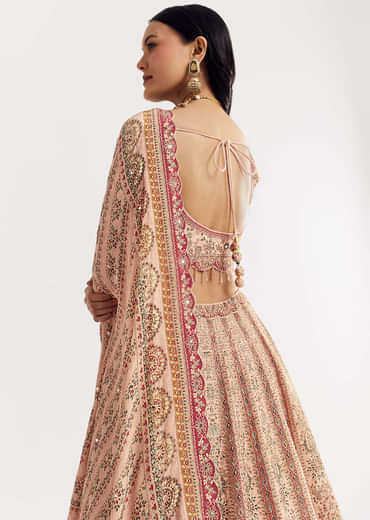 Multicolour Printed Stone Cutdana Embroidered Lehenga With Crepe Dupatta