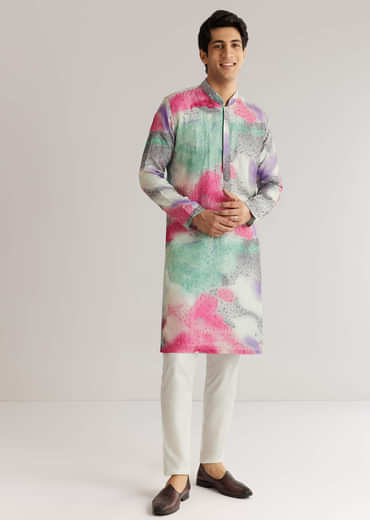 Multicolour Silk Abstract Printed Kurta Set With Sequins