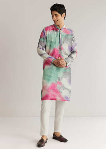 Multicolour Silk Abstract Printed Kurta Set With Sequins
