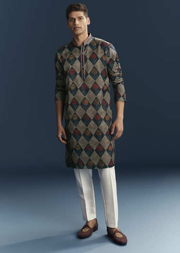 Multicolour Silk Kurta For Men With Geometric And Floral Print