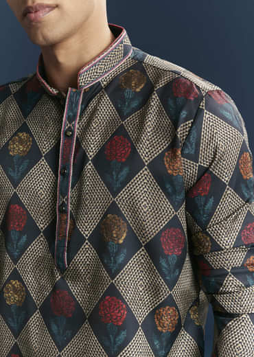 Multicolour Silk Kurta For Men With Geometric And Floral Print