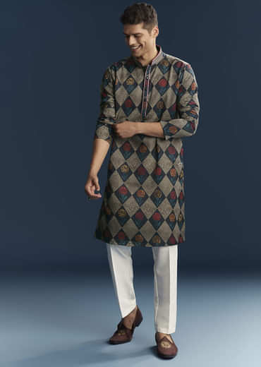 Multicolour Silk Kurta For Men With Geometric And Floral Print