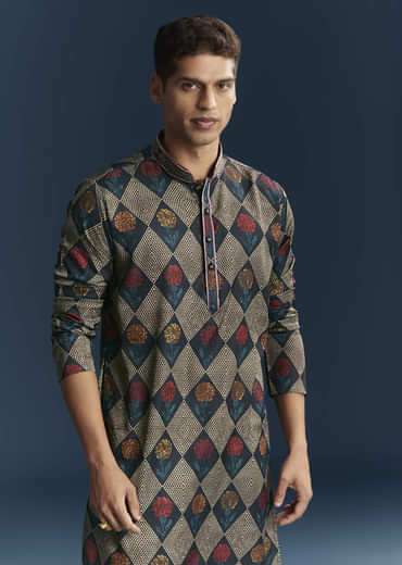 Multicolour Silk Kurta For Men With Geometric And Floral Print