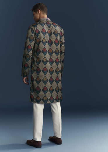 Multicolour Silk Kurta For Men With Geometric And Floral Print