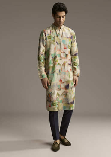 Multicolour Silk Kurta Set For Men With Abstract Geometric Print