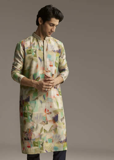 Multicolour Silk Kurta Set For Men With Abstract Geometric Print