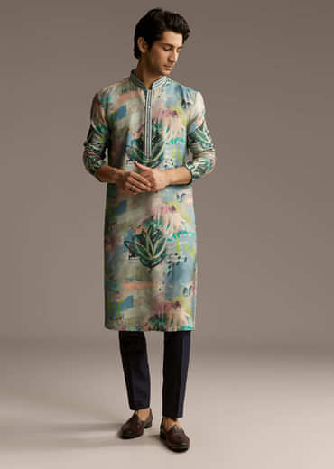 Multicolour Silk Kurta Set For Men With Artistic Brushstroke Print